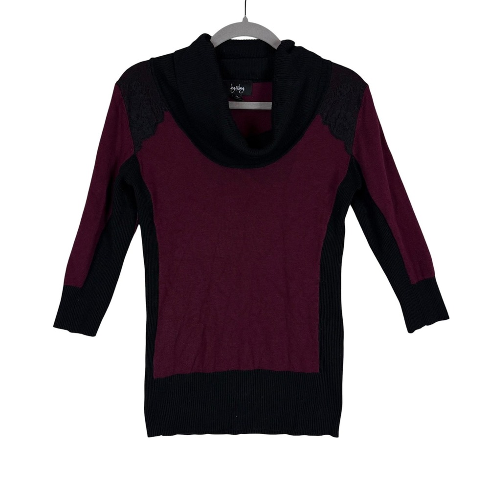 By & By Sweater Juniors M Purple Black Cowl Neck 3/4 Sleeve Tunic Knit Top